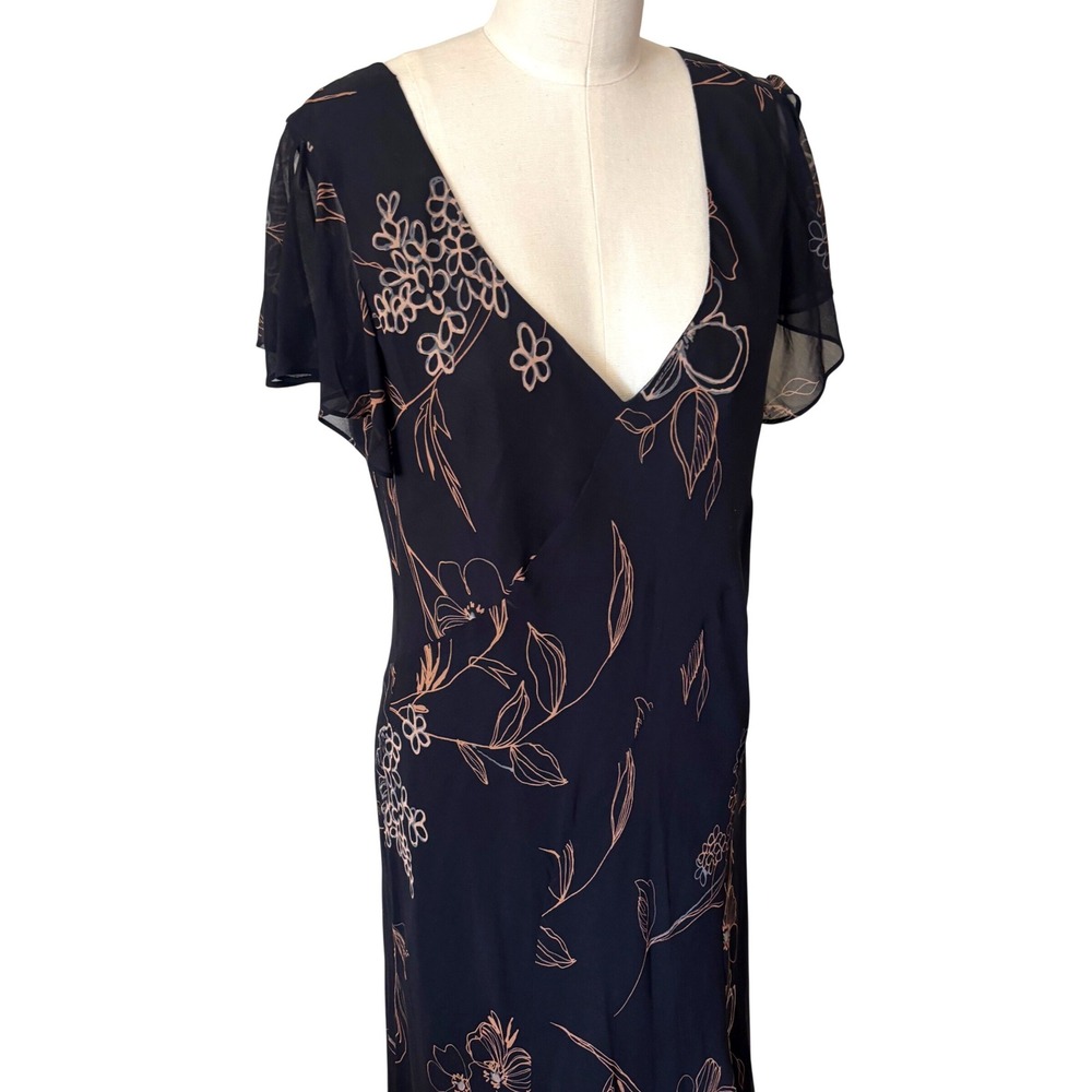 Vtg Jones New York Dress Black 100% Silk Floral V-Neck Flutter Sleeve Maxi 16